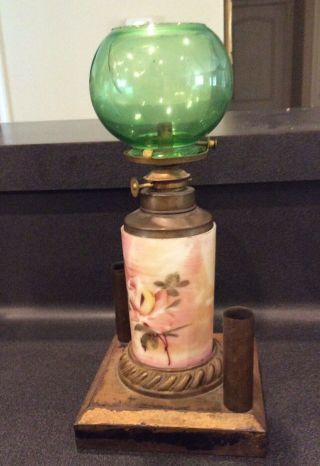Antique Cigar Lamp Or Lighter With A Hand Painted Body And Rare Green Globe
