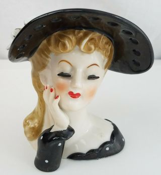 Vintage Napco Lady Head Vase S6738 Black Hat 4 " W Label