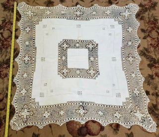 Antique Vintage Linen White Cream Crocheted Tablecloth