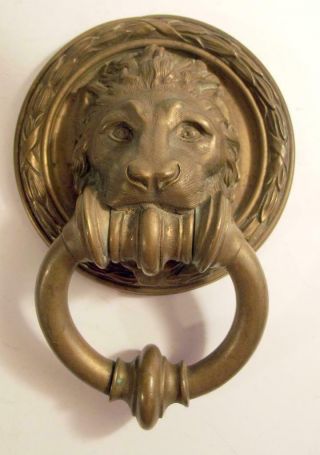 Antique/vintage Solid Brass Lion Head Door Knocker With Laurel Wreath Border