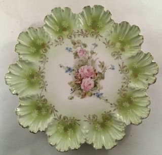 Antique Rs Prussia Porcelain Shell Mold Plate Green Tint With Rose Decoration