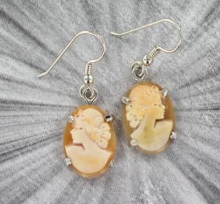 Vintage Antique Shell Cameo Earrings In Sterling Silver Settings