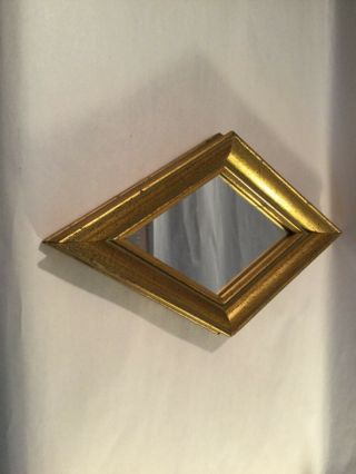 Vintage Mid Century Small Gold Wood Framed Diamond Shaped Wall Mirror - Euc