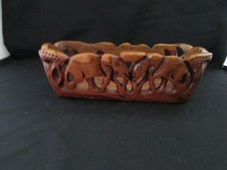 Unique Vintage Primitive Hand Carved Wooden Basket With Elephants And Antelope