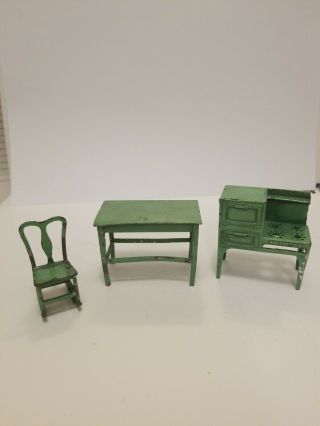 Vtg Tootsie Toy Metal Dollhouse Furniture Green - Table - Cook Stove - Rocker