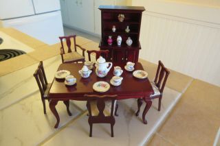Dollhouse Miniature Mahogany Dining Room Set With Hutch,  China & Accessories