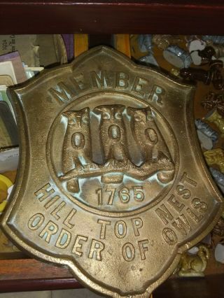 Antique Rare Brass Order Of Owls Nest No 1765 Hilltop Sign Plaque Emblem