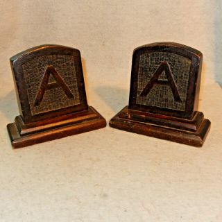 Pair Vintage Hand Carved Wood Bookends Chip Carving Initals A Antique Library