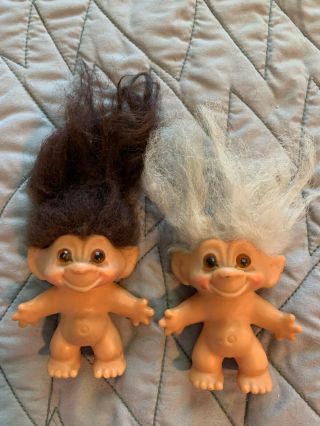 Set Of 2 Vintage 1960s Dam Co.  3 " Troll Dolls - Brown & White Hair