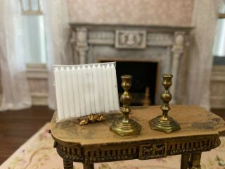 Vintage Miniature Dollhouse Pair Antiqued Brass Candlestick Holders,  Candles Set