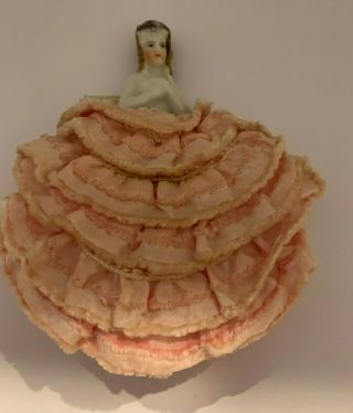Antique German Porcelain Half Doll Powder Puff,  Pink Ruff Dress