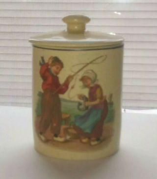 Rare Roseville Pottery Mini Canister With Lid Kids Fishing Motif Pre 1916 Dutch
