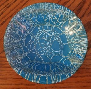 Antique Copper Plate Enameled Dish Mid Century Jean Podell Abstract Blue Swirl