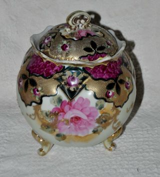 Antique Hand Painted Nippon Moriage Footed Jar With Lid Gold Gild