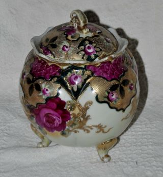ANTIQUE HAND PAINTED NIPPON MORIAGE FOOTED JAR WITH LID GOLD GILD 2