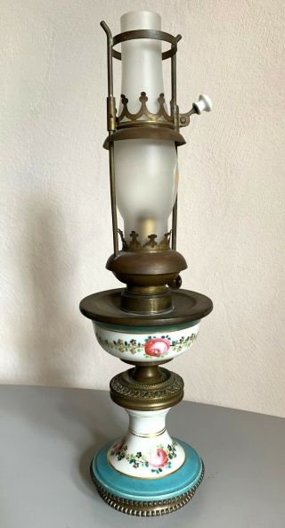 Ancienne Lampe A Pétrole Porcelaine Très Rare Bobèche Kosmos Oil Lamp Verre