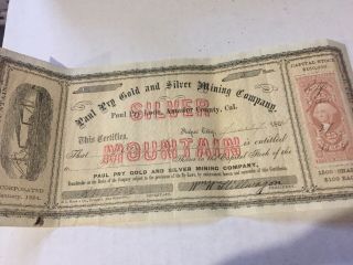 Rare 1864 Silver Mountain / Paul Pry Gold & Silver Mining Co Stock Certificate.