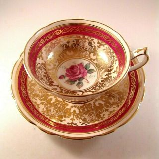 Vintage Paragon Red Gold China Teacup & Saucer Porcelain Burgundy Rose Pink Rare