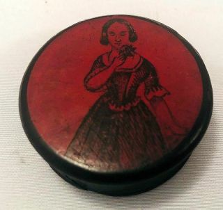 Antique 1864 Treen Ware Ring Pill Trinket Box W/ Woman 