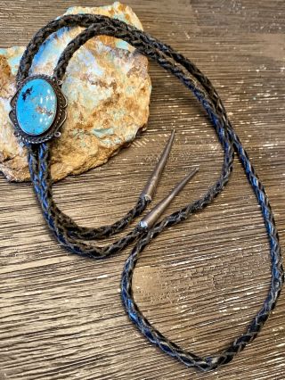 Rare Old Pawn Navajo Handmade Small Sterling Silver & Turquoise Bolo Tie No Resv