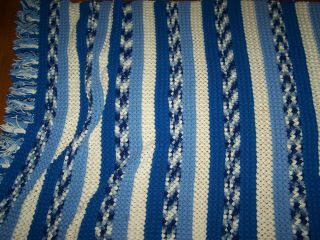 Handmade Vintage Popcorn Stitch Afghan Throw Blanket 52 " X 90 " Blue & White