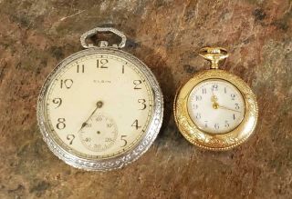 (2) Antique Vintage Pocket Watches Silvertone Elgin Small Gold Filled