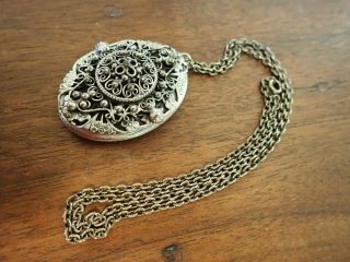 Antique Victorian Ornate Photo Locket & Chain Large Silverplate Stunning