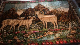 Vintage Italy Velvet Tapestry Mountain Ram Goats Wall Hanging Large 74” X 50”.