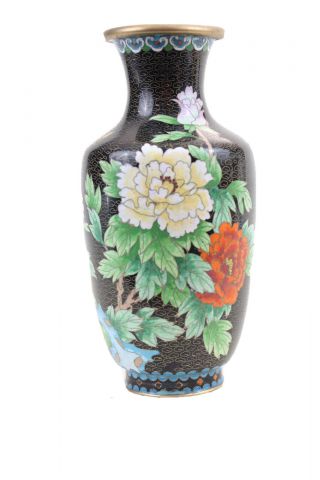 Vintage Black Cloisonne Vase 12 " Tall Blossoms & Insect Floral Chinese With Base