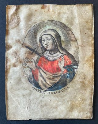 Engraving Antique 18th? Cnt Holy Card Hand Paint Vellum Parchment Mater Dolorosa