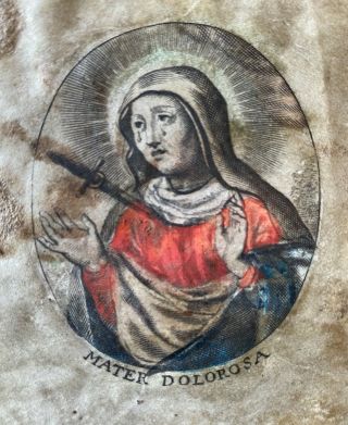 Engraving Antique 18th? cnt HOLY CARD Hand paint Vellum Parchment Mater dolorosa 2