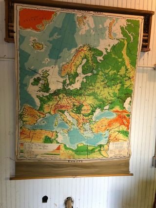 Rare Vintage Map Europe 1966 School Wall Map Ussr France Spain Retractable Mcm