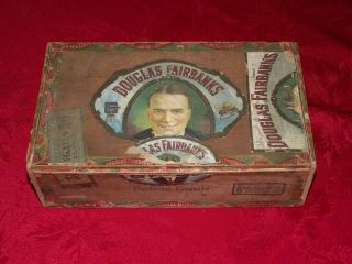 Antique Douglas Fairbanks Wooden Cigar Box 5 Cents Perfecto Tobacco Hollywood