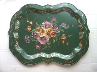 Large Dark Green Hand Painted Roses Tole Tray -