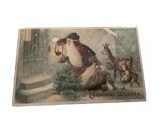 Rare Early White Robed Santa Claus Vintage Christmas Postcard Children 7497