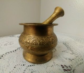 Vintage Solid Brass Small Mortar & Pestle Apothecary Pharmacy W/floral Design