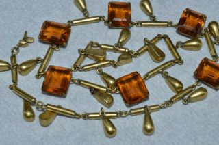 Rare Antique Art Deco Brass Filigree Czech Glass Stone Necklace.  Citrine Color