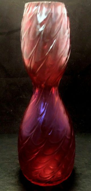 Antique Art Nouveau Kralik Bohemian Red Pink Iridescent Glass Loetz Swirl Vase