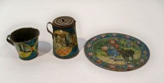 Victorian Antique Tin Lithographed Little Red Riding Hood Wolf Plate Cup Pot