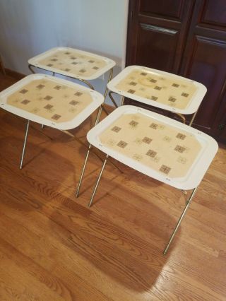 Vintage Mid Century Tv Tray Set X4 - Plastic Tray W/ Gold Metal Legs / Stands