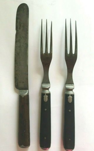 Antique Primitive Wood Handle Pewter Inlay 1 Knife 2 Three Tine Forks Civil War