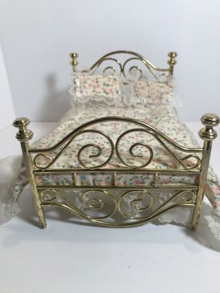 Dollhouse Miniature Brass Bed With Mattress Double Size 1:12 Scale Furniture
