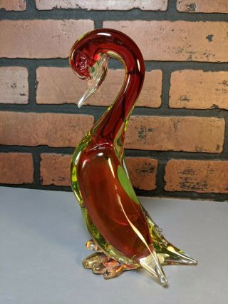 Rare Vintage Murano Italian Uranium Vaseline Glass Yellow And Red Standing Swan