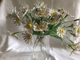 Antique/vintage French Beaded Flowers,  White Daisies,  8 Large Stems
