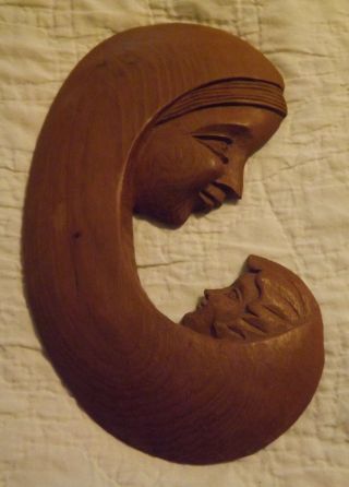 Vintage Hand Carved Wooden Wall Plaque Madonna And Child Mother Baby 9 " X 5 "
