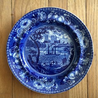 Antique English York Minster Flow Blue Plate Staffordshire China Transferware