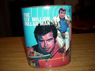 Vintage Six Million Dollar Man Trash Can 1976 Universal City Studio Metal Rare