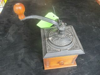 Vintage Wooden Box Coffee Grinder W Cast Iron Top W Drawer