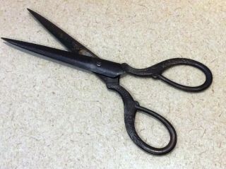 Antique Solid Steel Etched Engraved Handle Sewing Scissors 8 1/8 " Long