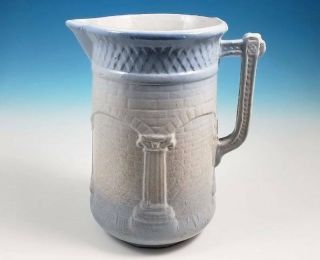 Rare Brush Mccoy Column & Arches Pitcher Blue White Salt Glaze Stoneware Pottery